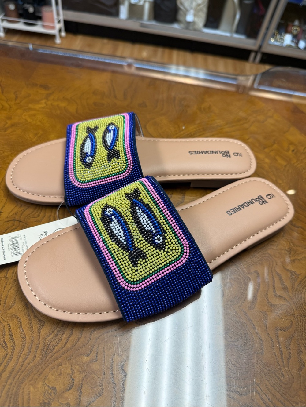 No Boundaries Navy Beaded Slide Sandals with Pink & Yellow Accents
